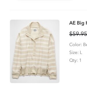 Aerie Beige Striped Quarter Button Pullover